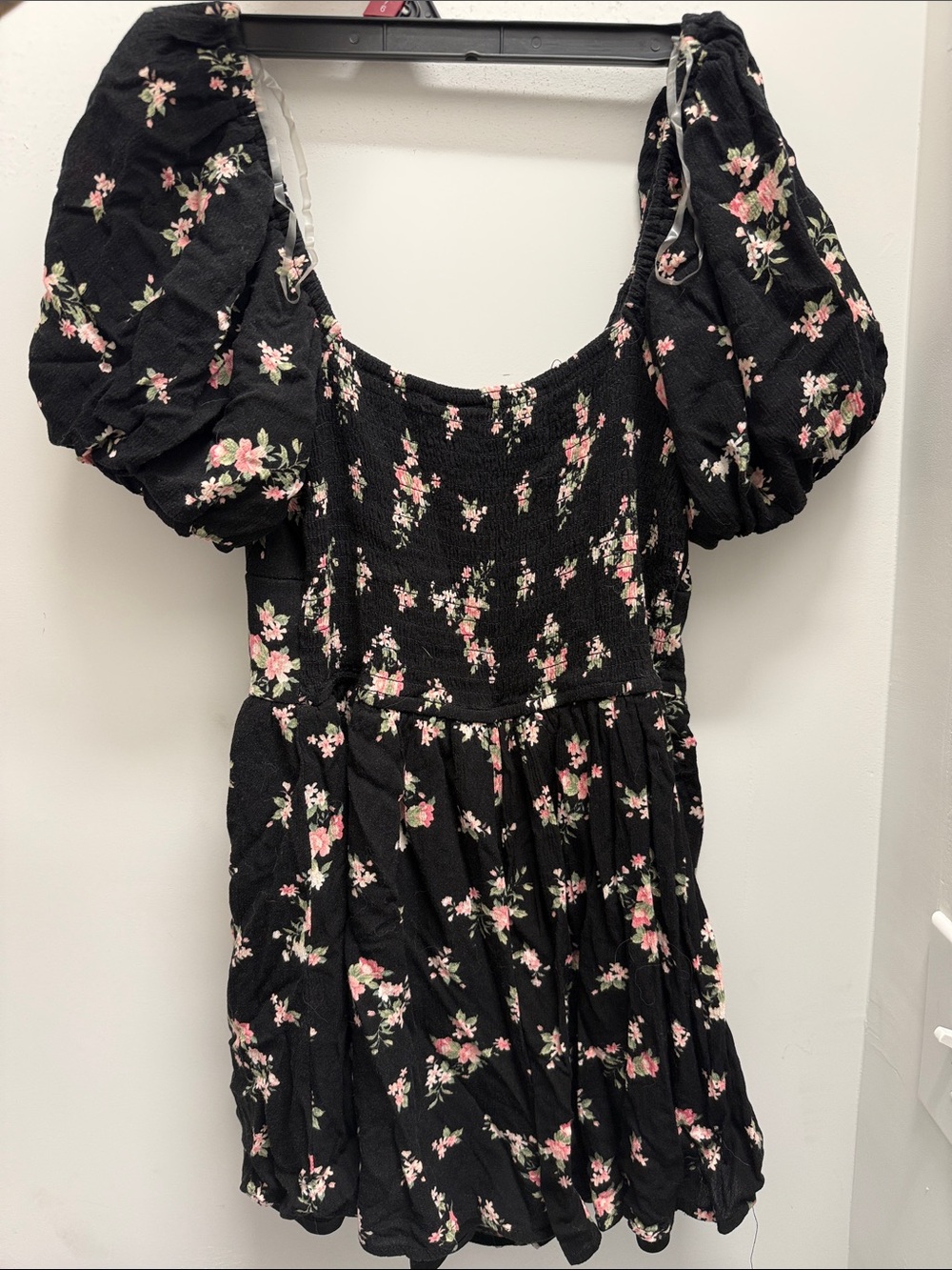 Black Floral Puff-Sleeve Dress / Romper